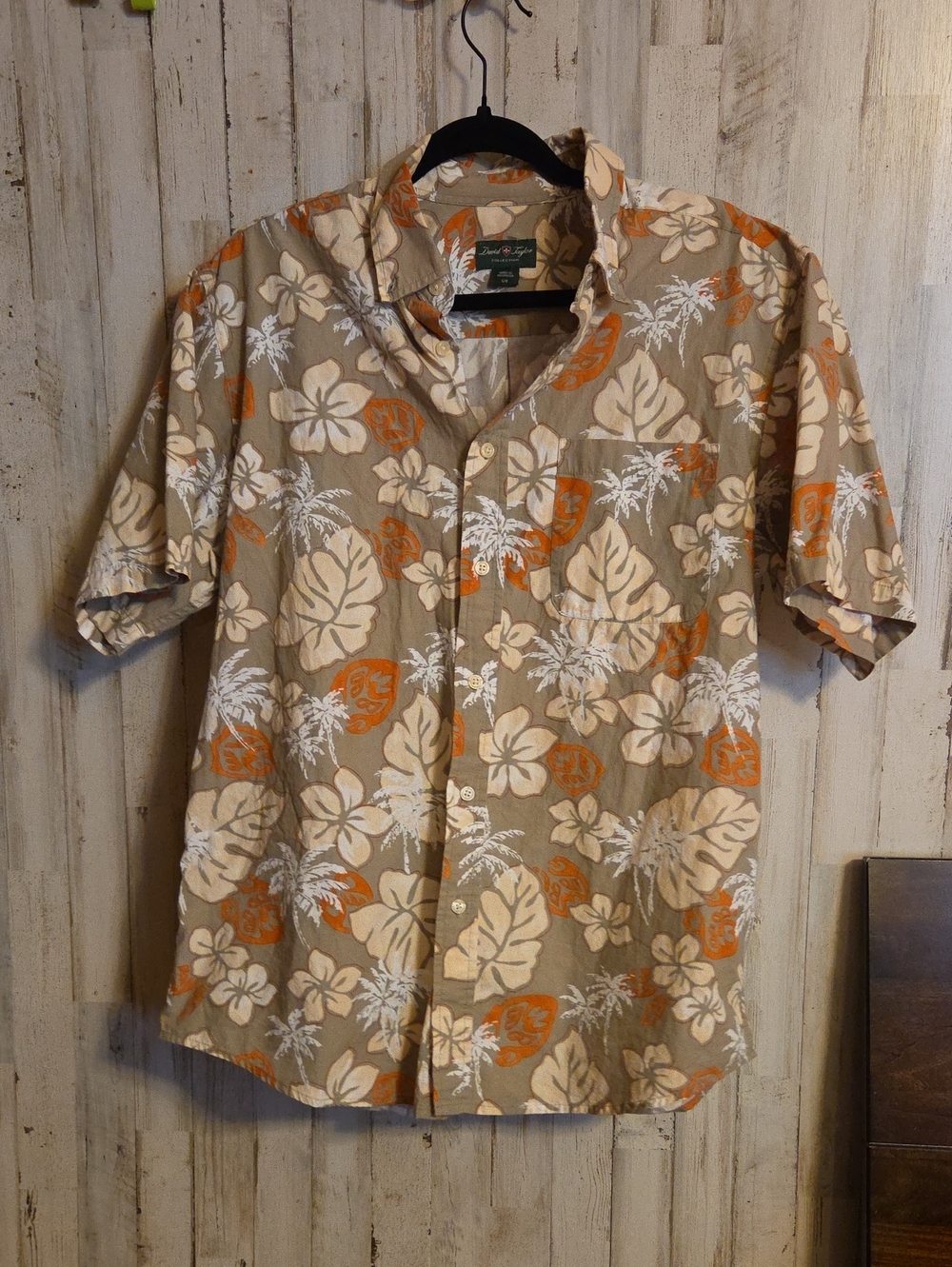 David Taylor Beige Short-Sleeve Button-Up Shirt with Orange & White Floral Print